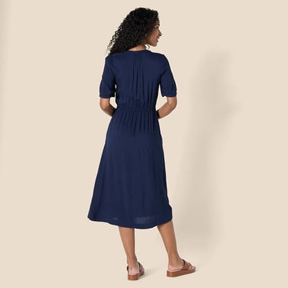 Amazon Essentials Women's Relaxed Fit Half-Sleeve Breathable Button Front Drawstring Waist Midi A-Line Dress with Pockets - color: Navy, size: X-Small