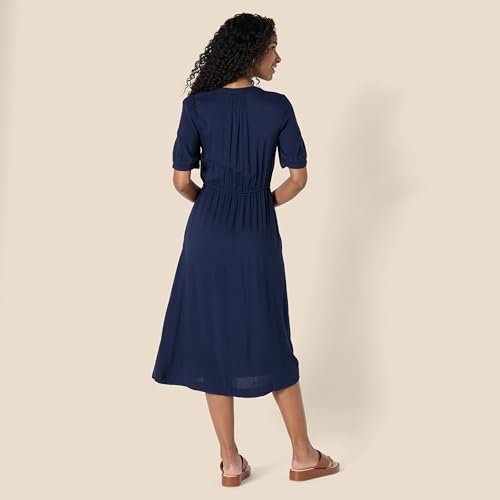 Amazon Essentials Women's Relaxed Fit Half-Sleeve Breathable Button Front Drawstring Waist Midi A-Line Dress with Pockets - color: Navy, size: Small