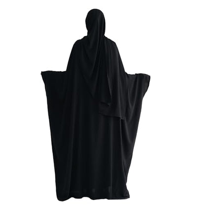 Abaya Muslim Women Dress Batwing Sleeve Loose Maxi Modest Islamic Clothes Prayer Dress with Hijab Scarf - color: Black