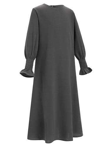 OBEEII Abaya for Girls Muslim Long Sleeve Prayer Dress Ramadan Kaftan Abaya with Hijab Islamic Clothing Arabic Eid Robe - color: Gray, size: 9-10 Years