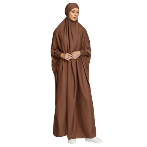 IKADEX Jilbab for Muslim Women Hooded Abaya Kaftan Dress Hijab Chador One-Piece Loose Fit Arabic Islamic Prayer Robe - color: Coffee