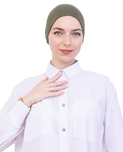 Prien Women Cotton Hijab Cap, Stretchy Head Cover, Pre-Sewn Inner Muslim Scarf Undercap, Non Slip Headband for Daily Wear - color: Khaki