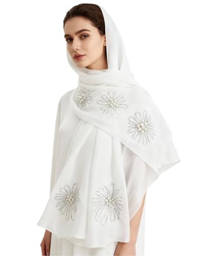 Chiffon Hijab Scarf for Women Muslim Hijab Head Wrap Scarves Soft Rhinestone Chiffon Scarf Fashion Long Scarves Shawl - color: White