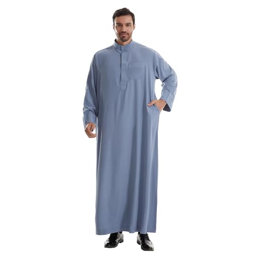 IWEMEK Muslim Thobe for Men Kaftan Thobe with Pockets Middle East Saudi Arabic Robe Ramadan Caftan Dubai Islamic Abaya Dress - color: Blue, size: Small