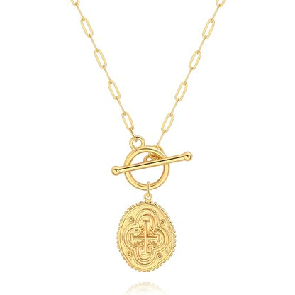 POTESSA 18K Gold Plated Pendant Necklace Medallion Coin Heart Y Shaped Chain Toggle Necklace for Women Jewelry - color: Cross