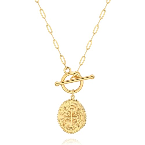 POTESSA 18K Gold Plated Pendant Necklace Medallion Coin Heart Y Shaped Chain Toggle Necklace for Women Jewelry - color: Cross