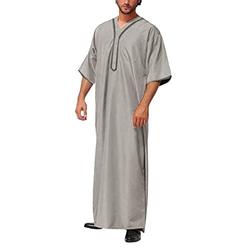 Men's V Neck Kaftan Thobe Short Sleeve Muslim Robe Loose Casual Long Gown Shirts with Chest Pocket for Beach Summer - color: Grey, size: Small