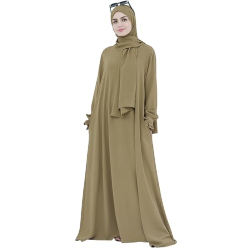 Women Muslim Dress Middle East Arabian Robe Islamic Modest Dress with Hijab Scarf Lace Sleeve Flowy Abaya Dress - color: Khaki