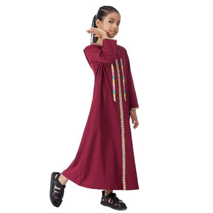 Kids Girls Abaya Muslim Long Sleeve Hooded Lace Embroidered Prayer Dress Arabic Kaftan Dubai Islamic Dresses - color: Wine Red Hoodies, size: 12-13 Years