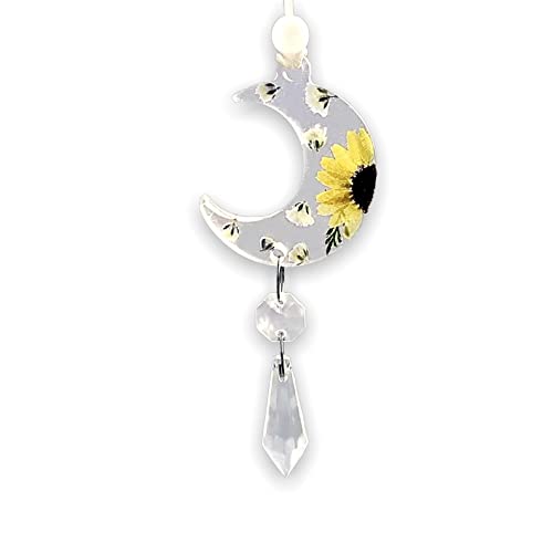Floral Crescent Moon Car Charm, Sunflower Crystal Suncatcher, Auto Rear View Mirror Accessories, Boho Minimalist Dainty Decor, New Car Gift (Sunflower, Crystal - Clear) - color: Sunflower, style: Crystal Color - Clear