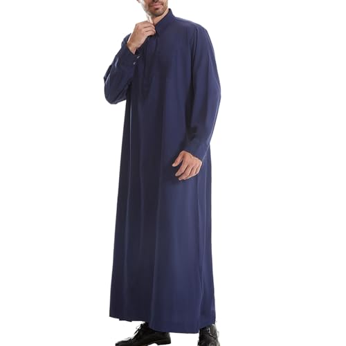 Mens Thobe Solid Color Long Sleeve Relaxed Fit Thobes Casual Robe Lightweight Kaftan Breathable Thobes Soft Kaftan - color: 02#_navy, size: Medium