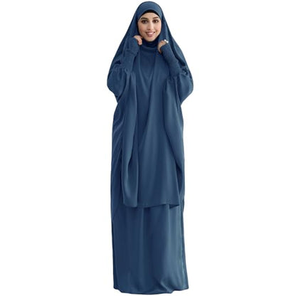 Muslim Women Abaya Two Pieces Set Prayer Dress Elasticated Sleeves Islamic Robe Modest Full Cover Prayer Clothes - color: Foggy Blue