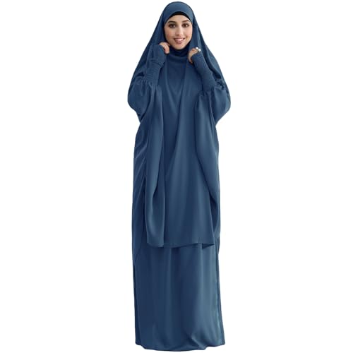 Muslim Women Abaya Two Pieces Set Prayer Dress Elasticated Sleeves Islamic Robe Modest Full Cover Prayer Clothes - color: Foggy Blue