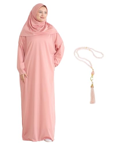 Women Prayer Clothes with Hijab Muslim Outfits Long Robe Abaya Turkish Islamic Dresses Dubai Kaftan with Rosary - color: Rose