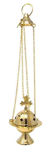 Needzo High Polished Brass Cross Design Hanging Church Thurible Censer with Chain, 4 3/4 Inch