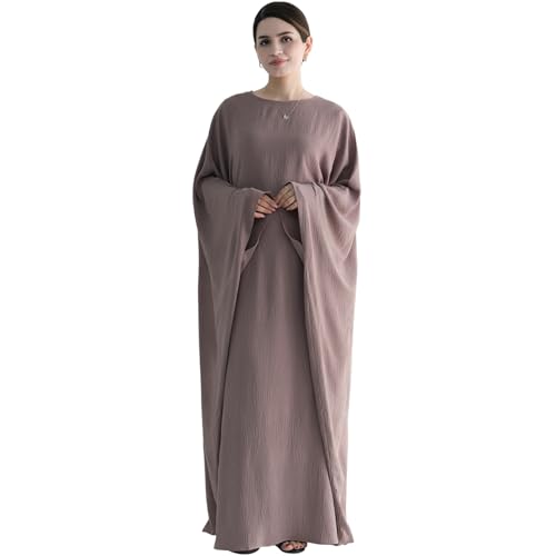 Muslim Abaya Dress Women Middle East Arabian Prayer Robe Batwing Maxi Kaftan Abaya Dress with Hijab - color: Taro