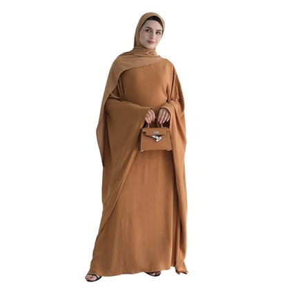 Abaya 무슬림 여성용 드레스 배트윙 슬리브 루즈핏 맥시 겸손한 이슬람 의류 히잡 스카프 포함 기도 드레스 - color: 카키