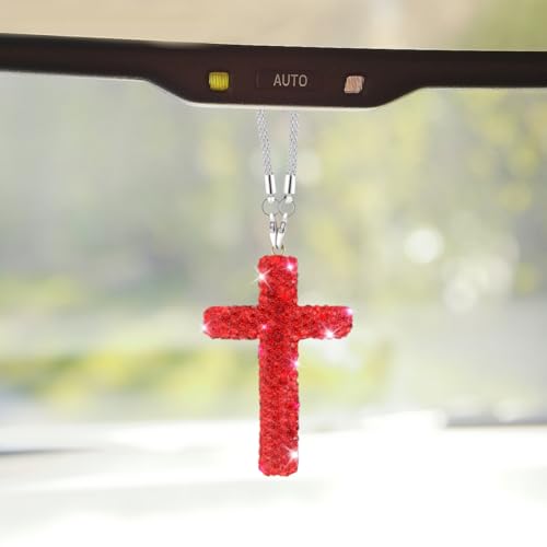 ZIMISI Bling Cross Car Hanging Ornament, Crystal Rhinestone Car Rearview Mirror Pendant for Women, Diamond Rear View Mirror Charm Present, Universal Vehicle Interior Decoration Accessory (Red) - color: Red