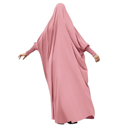 IDOPIP Muslim Abaya for Women One Piece Long Sleeve Islamic Prayer Dress with Hooded Hijab Maxi Kaftan Robe Modest Clothes - color: Pink