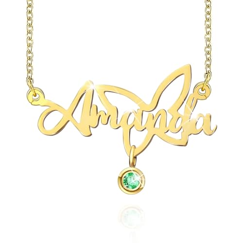 10K/14K/18K Solid Gold Name Plate Necklace,Real Gold Customized Name Necklace with Birthstone for Women,Personalized 1-4 Nameplates Necklaces Birthday for Her Girls - color: Style 6