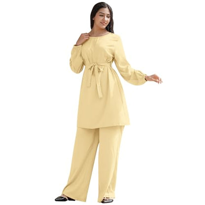 IWEMEK Abayas for Women Muslim Long Sleeve Loose Top Pants 2 Pcs Eid Ramadan Outfits Casual Islamic Muslim Clothes with Belt - color: Yellow, size: Large
