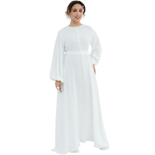Muslim Women Abaya Dress Breathable Front Zipper&Pockets&Belt Prayer Robe - color: White, size: X-Large