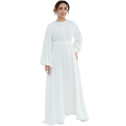 Muslim Women Abaya Dress Breathable Front Zipper&Pockets&Belt Prayer Robe - color: White, size: X-Large