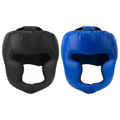 2 Pcs Adjustable Boxing Headgear Set, Monkey Face Headguard for MMA, Kickboxing, Taekwondo, Blue and Black, Fits 22.8 to 26 in Circumference