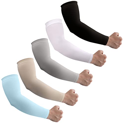 HEGCOIIE UV Sun Protection Arm Sleeves for Men & Women - Tattoo Cover Up - UPF 50 Cooling Sleeve for Golf, Cycling - color: 5 Pairs - Black & White & Grey & Blue & Skin Tone