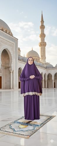 Women's Prayer Dress 2 Pieces Solid Color Plus Long Sleeve | One-Size | Hijab Abaya Suit - color: Purple