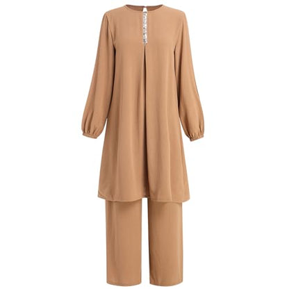 Abayas Dress For Women Muslim Long Sleeve Loose Top Pants 2 Pcs Dubai Islamic Muslim Women Matching Sets - color: Khaki B, size: XX-Large