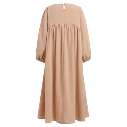 Kids Girls Muslim Abaya Long Lantern Sleeve Robe Maxi Dress Dubai Islamic Pleated Prayer Dress Full Cover Kaftan Casual - color: Khaki, size: 9-10 Years