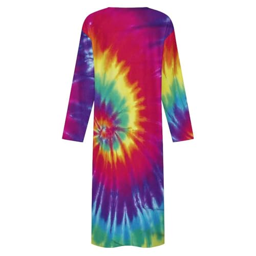 Pastel Rainbow Tie Dye Mens V Neck Long Sleeve Robe Loose Kaftan Long Gown Thobe