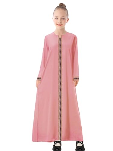 WSPLYSPJY Kids Girls Embroidered Muslim Dress Abaya Prayer Robe - color: Pink, size: 13-14 Years