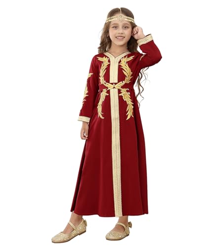 Girls Muslim Abaya Prayer Dress Islamic Modest Arabian Dresses Middle East Dubai Attire Kaftan - color: Burgundy, size: 4-5T