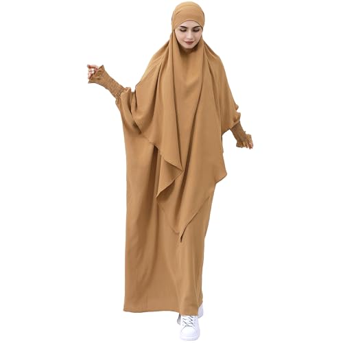 khalat Womens Muslim Prayer Dress Front Zipper Kaftan Islamic Robe Modest Solid Abayas for Women Muslim - color: Khaki+hijab