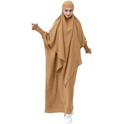 khalat Womens Muslim Prayer Dress Front Zipper Kaftan Islamic Robe Modest Solid Abayas for Women Muslim - color: Khaki+hijab