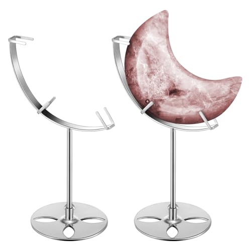 Moxweyeni 2 Pcs Crystal Moon Stand Adjustable Metal Crystal Display Holder Moon Shaped Small Display Easel Stands for Gemstones Geodes Mineral Agate Home Office Decor - color: Silver