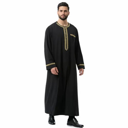 Men Muslim Robe Arab Thobe Long Sleeves Middle East Kaftan Islamic Arabic Gown Dress - color: Black, size: X-Small
