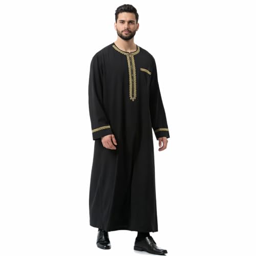 Men Muslim Robe Arab Thobe Long Sleeves Middle East Kaftan Islamic Arabic Gown Dress - color: Black, size: X-Small