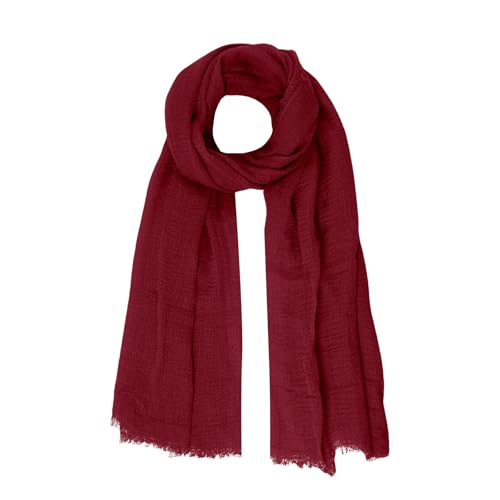 Nydotd Women Summer Cotton Linen Scarf Crinkle Long Beach Shawl Wrap hijab with Fringe - color: Dark Red