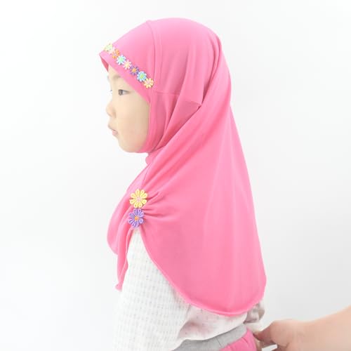 Girls Instant Hijab – Soft Kids Muslim Scarf with Flower, Breathable One-Piece Headscarf for Toddlers Age 2-8 - color: Small Flower-rose