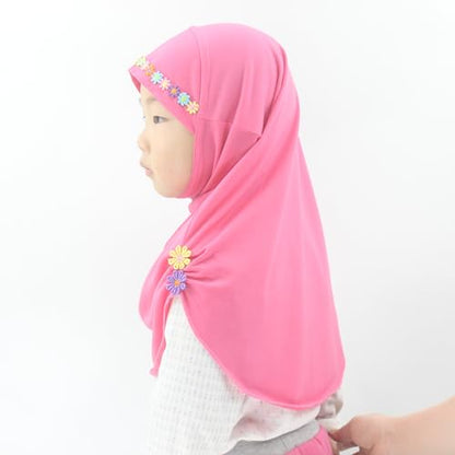 Girls Instant Hijab – Soft Kids Muslim Scarf with Flower, Breathable One-Piece Headscarf for Toddlers Age 2-8 - color: Small Flower-rose