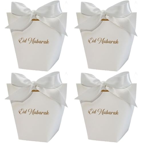 50pcs Eid Mubarak Gift Boxes,Candy Small Gift Boxes with Ribbon,Muslim Ramadan Party Favour Bags,Islamic Gift Boxes,Eid Favour Boxes for Candies,Goodies,Ramadan Eid Party Decoration - color: White
