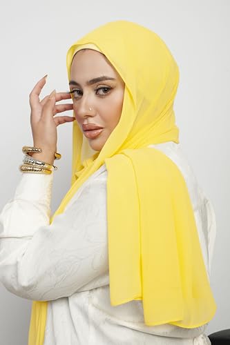 Instant Chiffon Hijab 3-in-1 with Built-in Magnets and Attached Match Undercap, Women Hijabs Set. - color: Yellow