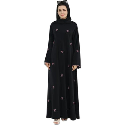 Abaya Dress for Muslim Women Bow Front Zipper Side Pockets Ramadan Eid Robe - color: Black, size: Medium