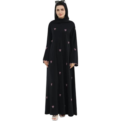 Abaya Dress for Muslim Women Bow Front Zipper Side Pockets Ramadan Eid Robe - color: Black, size: Small