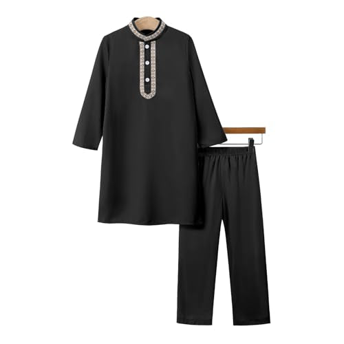 ODIZLI Toddler Boys Muslim Long Sleeve Kaftan Abaya and Pants With Pockets Saudi Arabic Dubai Outfits for Eid Ramadan - color: Black, size: 6-7 Years