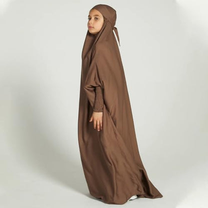 ODIZLI Muslim One Piece Prayer Hijab Dress Women Hooded Abaya Full Cover Islam Dubai Modest Robe - color: Coffee Kids, size: 12-13 Years