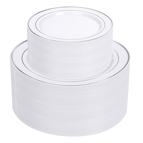 Supernal 102Pcs White Silver Plastic Dinnerware Plates Set for 51 Guests - color: beige and gold